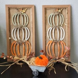 Pumpkins stack sign with small wheelbarrow and crochet pumping fall decor